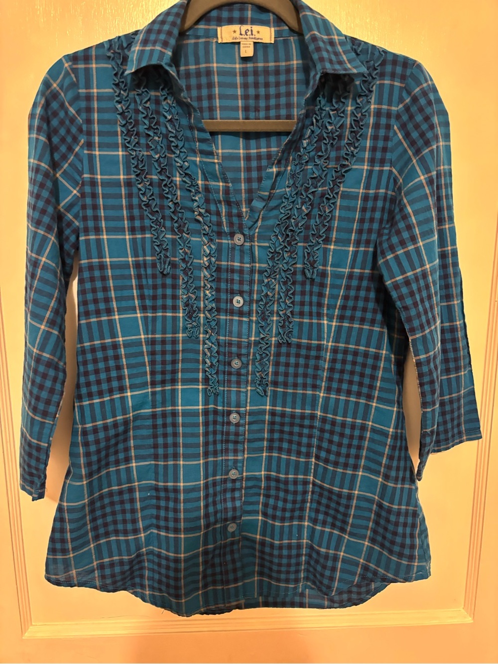 lei Blue Plaid Ruffle-Front Button Down Shirt